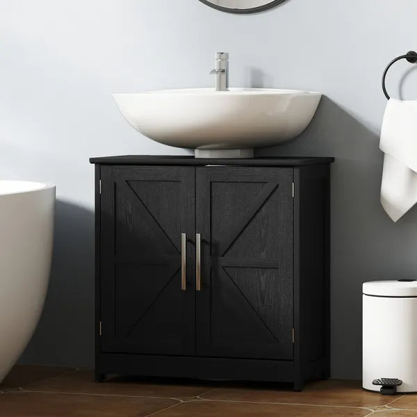 HOMCOM Farmhouse Pedestal Sink Storage Cabinet, Bathroom Sink Cabinet with 2 Barn Doors and Adjustable Shelf, Distressed Black - product image 2