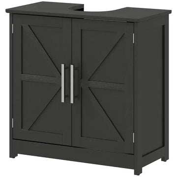 HOMCOM Farmhouse Pedestal Sink Storage Cabinet, Bathroom Sink Cabinet with 2 Barn Doors and Adjustable Shelf, Distressed Black - product image 1