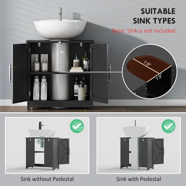 HOMCOM Farmhouse Pedestal Sink Storage Cabinet, Bathroom Sink Cabinet with 2 Barn Doors and Adjustable Shelf, Distressed Black - product image 4
