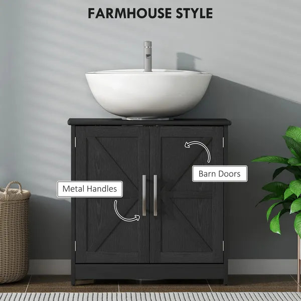 HOMCOM Farmhouse Pedestal Sink Storage Cabinet, Bathroom Sink Cabinet with 2 Barn Doors and Adjustable Shelf, Distressed Black - product image 5