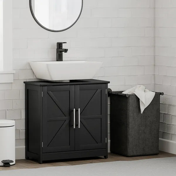 HOMCOM Farmhouse Pedestal Sink Storage Cabinet, Bathroom Sink Cabinet with 2 Barn Doors and Adjustable Shelf, Distressed Black - product image 10