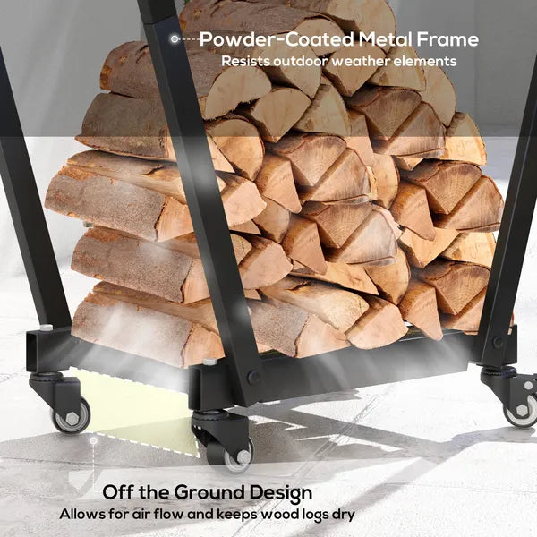 Outsunny Firewood Rack with Wheels, Metal Log Holder with Kindling and Tool Hooks, Indoor/Outdoor, 31.1" x 11.8" x 31.9", Black - product image 5