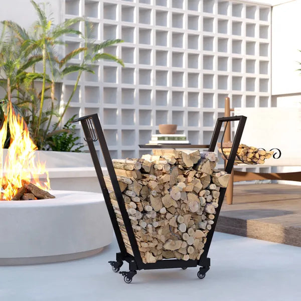 Outsunny Firewood Rack with Wheels, Metal Log Holder with Kindling and Tool Hooks, Indoor/Outdoor, 31.1" x 11.8" x 31.9", Black - product image 2
