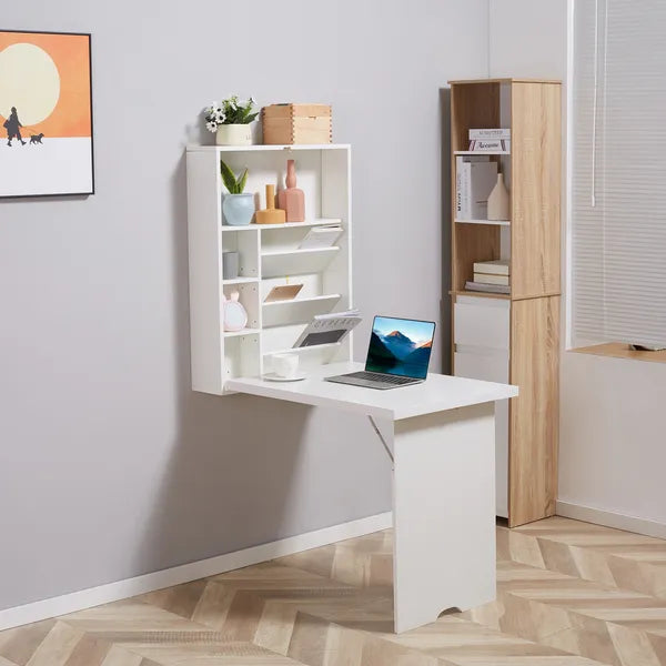 HOMCOM Fold Out Convertible Desk, Wall Mounted, Multi-Function Floating Desk with Shelf, White for Home Office - product image 2