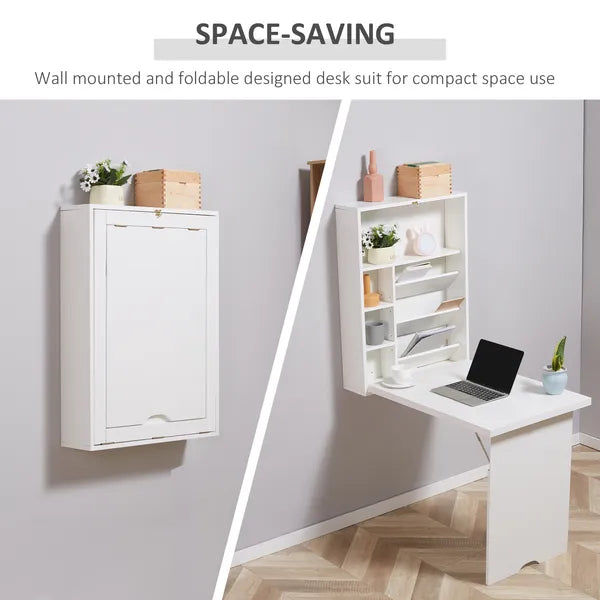 HOMCOM Fold Out Convertible Desk, Wall Mounted, Multi-Function Floating Desk with Shelf, White for Home Office - product image 4
