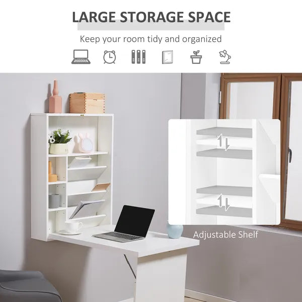 HOMCOM Fold Out Convertible Desk, Wall Mounted, Multi-Function Floating Desk with Shelf, White for Home Office - product image 5