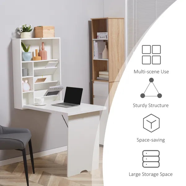 HOMCOM Fold Out Convertible Desk, Wall Mounted, Multi-Function Floating Desk with Shelf, White for Home Office - product image 6