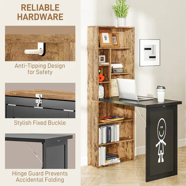HOMCOM Fold-out Convertible Home Office Desk, Computer Desk with Blackboard and Side Shelf, Rustic Brown - product image 6