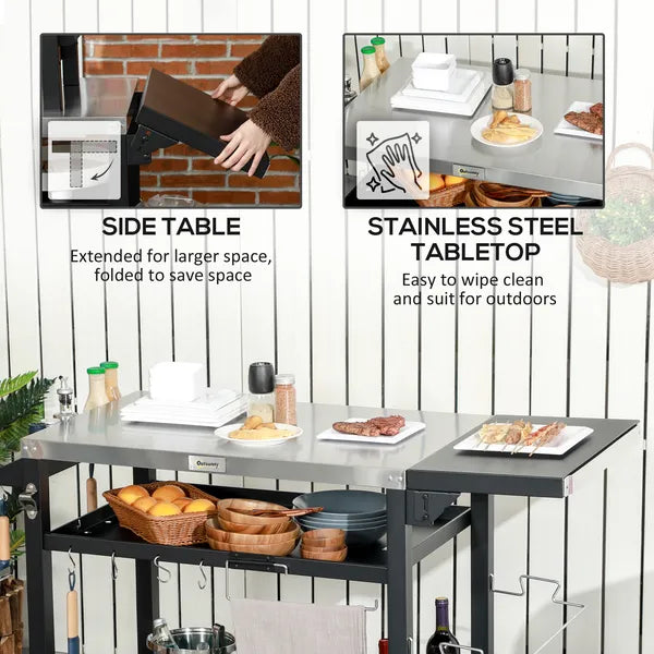 Foldable Grill Cart Table, 3-Shelf Outdoor Kitchen Island on Wheels for BBQ and Pizza Oven, Black - product image 5
