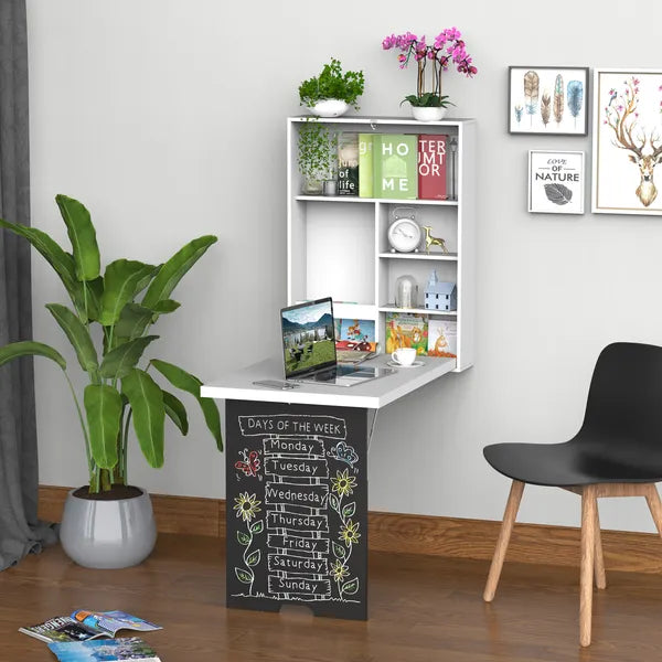HOMCOM Foldable Wall Desk with Blackboard, Fold Out Convertible Floating Desk with Shelves, White - product image 12