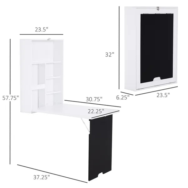 HOMCOM Foldable Wall Desk with Blackboard, Fold Out Convertible Floating Desk with Shelves, White - product image 3