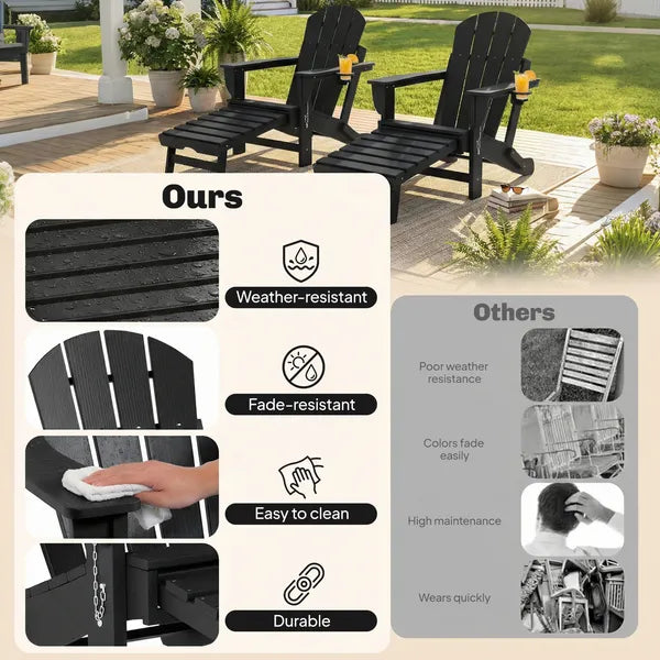 Outsunny Folding Adirondack Chair Set of 2, HDPE Fire Pit Chair with Retractable Ottoman and Cup Holder, Black - product image 4