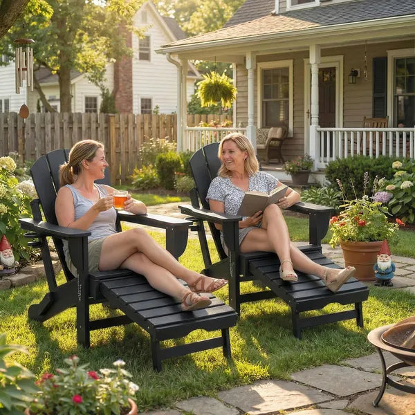 Outsunny Folding Adirondack Chair Set of 2, HDPE Fire Pit Chair with Retractable Ottoman and Cup Holder, Black - product image 8