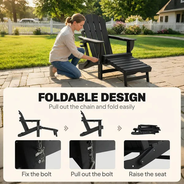 Outsunny Folding Adirondack Chair Set of 2, HDPE Fire Pit Chair with Retractable Ottoman and Cup Holder, Black - product image 6