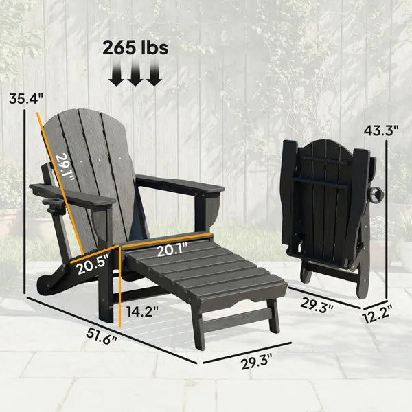 Outsunny Folding Adirondack Chair Set of 2, HDPE Fire Pit Chair with Retractable Ottoman and Cup Holder, Black - product image 3