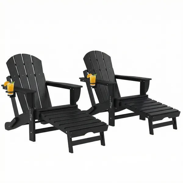 Outsunny Folding Adirondack Chair Set of 2, HDPE Fire Pit Chair with Retractable Ottoman and Cup Holder, Black - product image 11