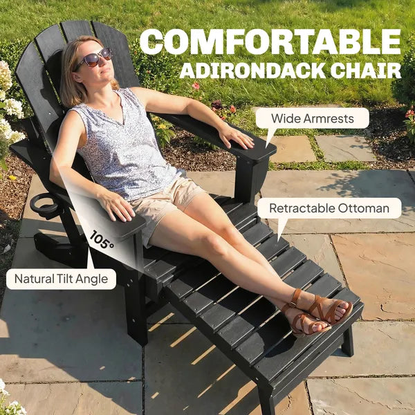 Outsunny Folding Adirondack Chair Set of 2, HDPE Fire Pit Chair with Retractable Ottoman and Cup Holder, Black - product image 5