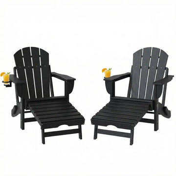 Outsunny Folding Adirondack Chair Set of 2, HDPE Fire Pit Chair with Retractable Ottoman and Cup Holder, Black - product image 1