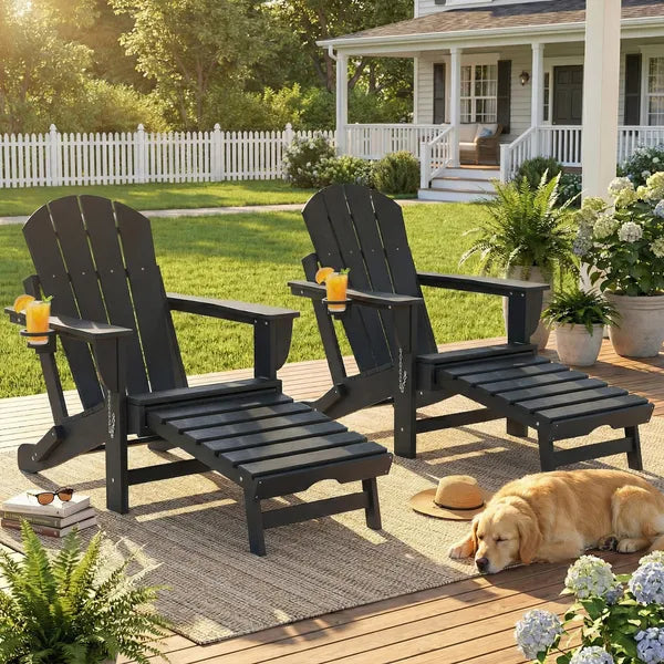 Outsunny Folding Adirondack Chair Set of 2, HDPE Fire Pit Chair with Retractable Ottoman and Cup Holder, Black - product image 9