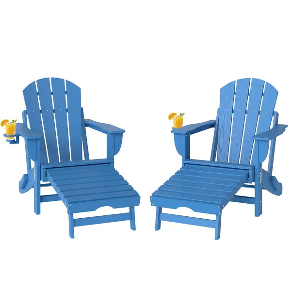 Outsunny Folding Adirondack Chair Set of 2, HDPE Fire Pit Chair with Retractable Ottoman and Cup Holder, Blue - product image 1