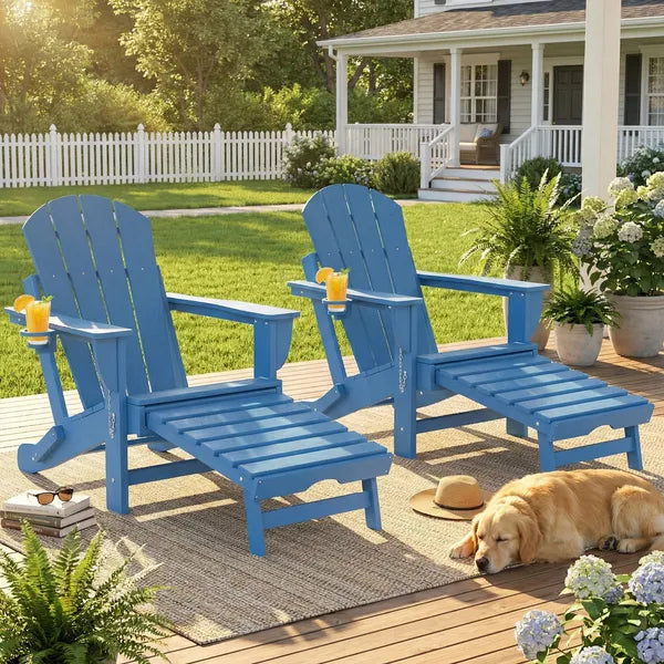 Outsunny Folding Adirondack Chair Set of 2, HDPE Fire Pit Chair with Retractable Ottoman and Cup Holder, Blue - product image 9