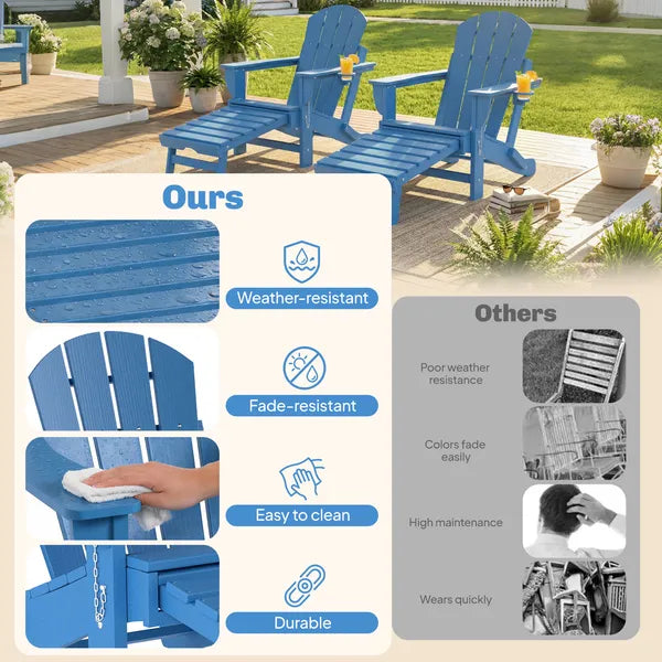 Outsunny Folding Adirondack Chair Set of 2, HDPE Fire Pit Chair with Retractable Ottoman and Cup Holder, Blue - product image 4