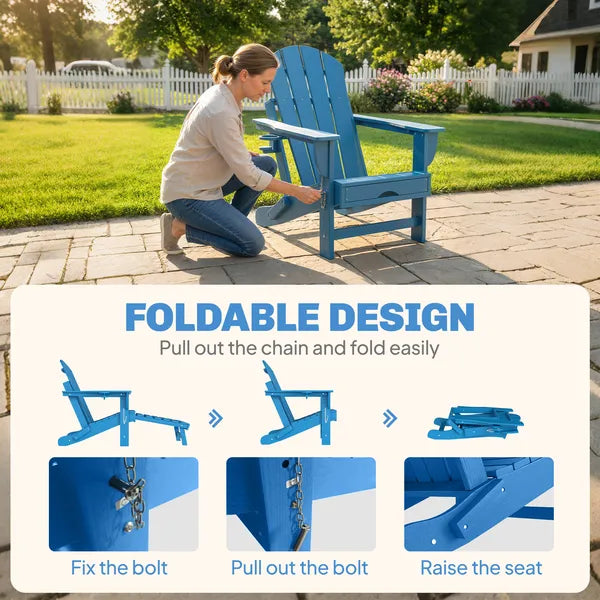 Outsunny Folding Adirondack Chair Set of 2, HDPE Fire Pit Chair with Retractable Ottoman and Cup Holder, Blue - product image 6