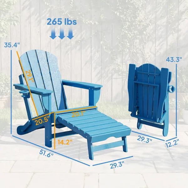 Outsunny Folding Adirondack Chair Set of 2, HDPE Fire Pit Chair with Retractable Ottoman and Cup Holder, Blue - product image 3