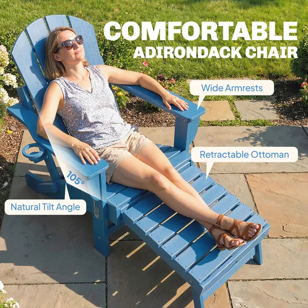 Outsunny Folding Adirondack Chair Set of 2, HDPE Fire Pit Chair with Retractable Ottoman and Cup Holder, Blue - product image 5