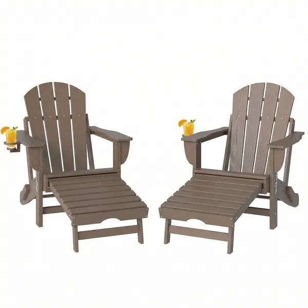 Outsunny Folding Adirondack Chair Set of 2, HDPE Fire Pit Chair with Retractable Ottoman and Cup Holder, Brown - product image 1