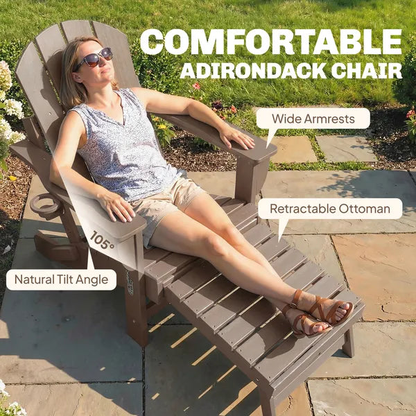 Outsunny Folding Adirondack Chair Set of 2, HDPE Fire Pit Chair with Retractable Ottoman and Cup Holder, Brown - product image 5