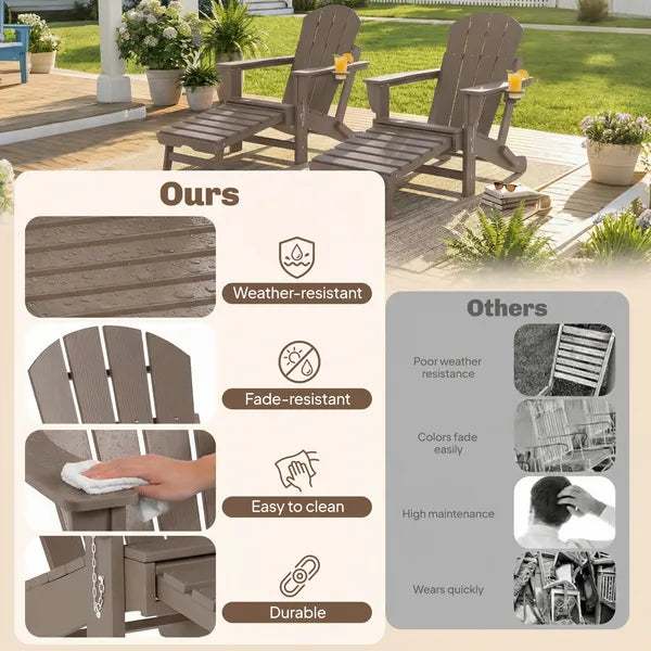 Outsunny Folding Adirondack Chair Set of 2, HDPE Fire Pit Chair with Retractable Ottoman and Cup Holder, Brown - product image 4