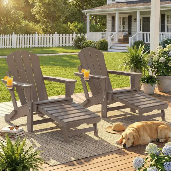 Outsunny Folding Adirondack Chair Set of 2, HDPE Fire Pit Chair with Retractable Ottoman and Cup Holder, Brown - product image 9