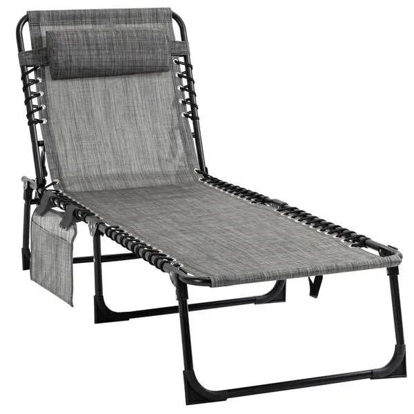 Outsunny Folding Chaise Lounge Chair, 5-Level Adjustable Backrest, Side Pocket and Pillow, Breathable Mesh, for Patio, Garden, Grey - product image 11