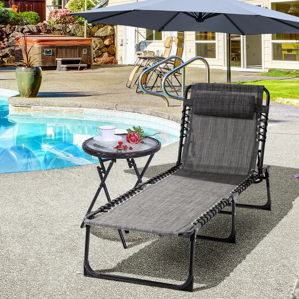 Outsunny Folding Chaise Lounge Chair, 5-Level Adjustable Backrest, Side Pocket and Pillow, Breathable Mesh, for Patio, Garden, Grey - product image 2