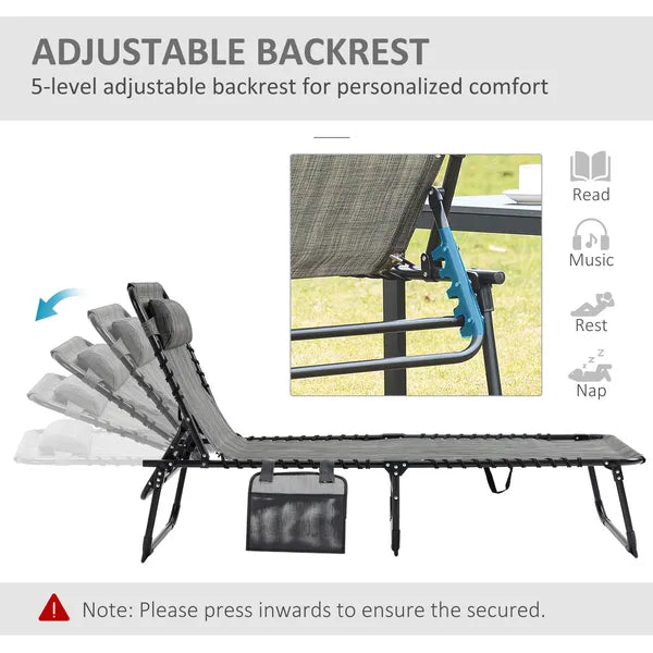 Outsunny Folding Chaise Lounge Chair, 5-Level Adjustable Backrest, Side Pocket and Pillow, Breathable Mesh, for Patio, Garden, Grey - product image 4