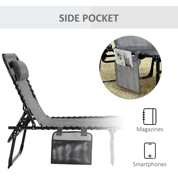 Outsunny Folding Chaise Lounge Chair, 5-Level Adjustable Backrest, Side Pocket and Pillow, Breathable Mesh, for Patio, Garden, Grey - product image 7