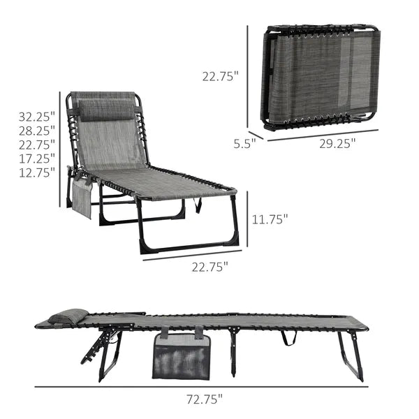 Outsunny Folding Chaise Lounge Chair, 5-Level Adjustable Backrest, Side Pocket and Pillow, Breathable Mesh, for Patio, Garden, Grey - product image 3