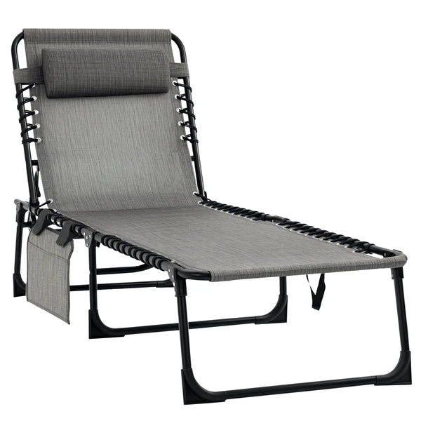 Outsunny Folding Chaise Lounge Chair, 5-Level Adjustable Backrest, Side Pocket and Pillow, Breathable Mesh, for Patio, Garden, Grey - product image 1
