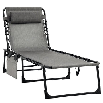 Outsunny Folding Chaise Lounge Chair, 5-Level Adjustable Backrest, Side Pocket and Pillow, Breathable Mesh, for Patio, Garden, Grey - product image 1
