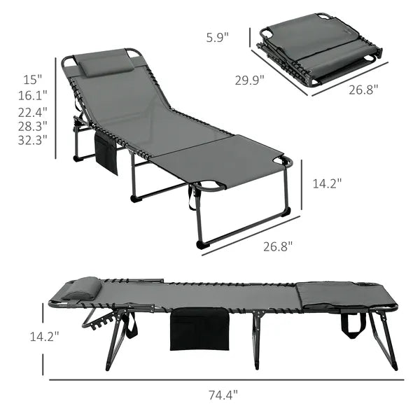 Outsunny Folding Chaise Lounge Chair: 5-Level Reclining Back, Reading Hole, Side Pocket, Headrest, Comfortable Lounging, Gray - product image 3