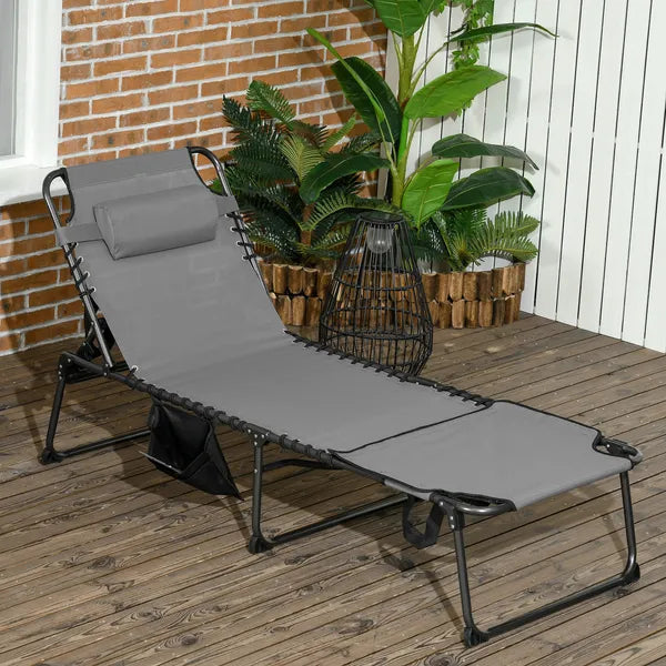 Outsunny Folding Chaise Lounge Chair: 5-Level Reclining Back, Reading Hole, Side Pocket, Headrest, Comfortable Lounging, Gray - product image 2