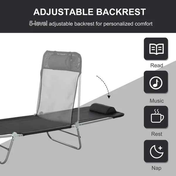 Outsunny Folding Chaise Lounge Chair, Black, Portable, 6-Level Adjustable Back, Pillow Included, for Patio, Garden, Beach - product image 4