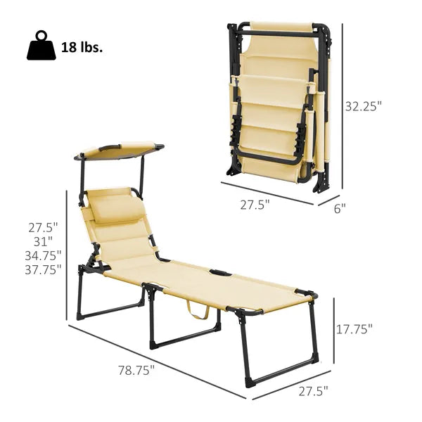 Outsunny Folding Chaise Lounge Chair Cream with Adjustable Backrest Sun Roof and Head Pillow - product image 3