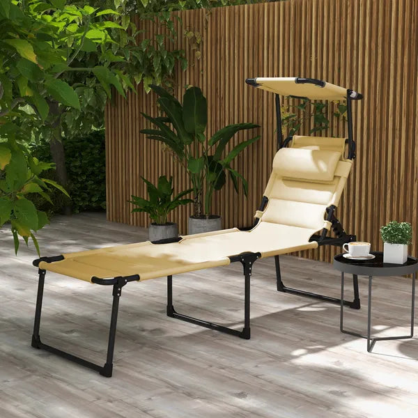 Outsunny Folding Chaise Lounge Chair Cream with Adjustable Backrest Sun Roof and Head Pillow - product image 2