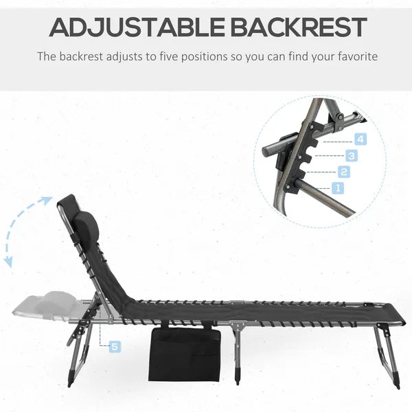 Folding Chaise Lounge Chair with 5 Position Backrest and Pillow, Black - product image 4