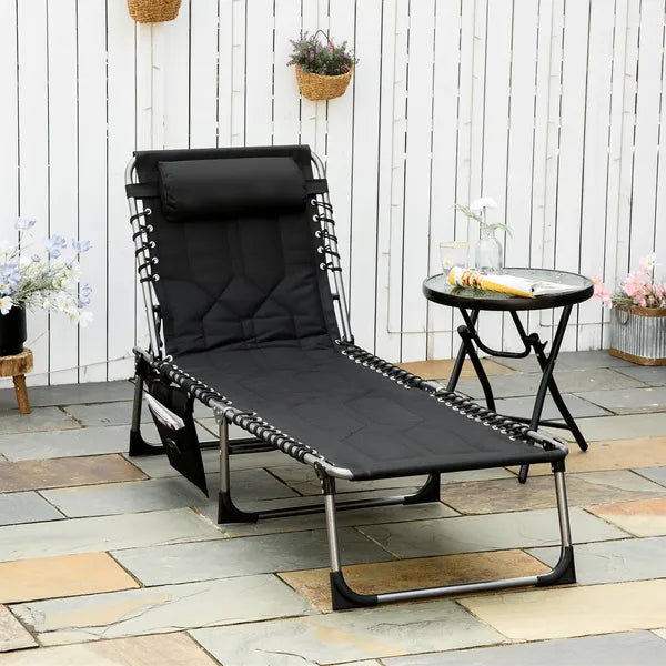 Folding Chaise Lounge Chair with 5 Position Backrest and Pillow, Black - product image 2
