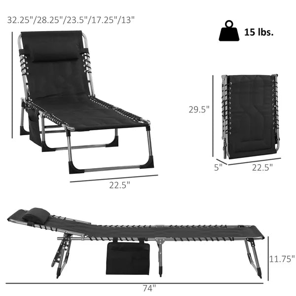 Folding Chaise Lounge Chair with 5 Position Backrest and Pillow, Black - product image 3