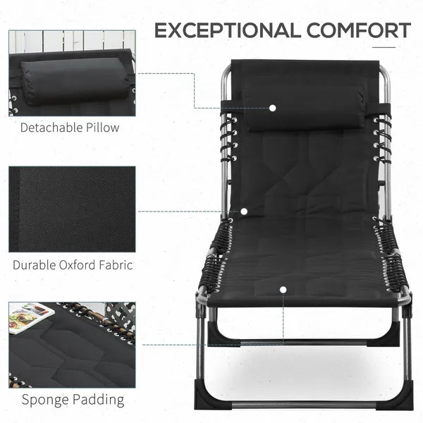 Folding Chaise Lounge Chair with 5 Position Backrest and Pillow, Black - product image 5