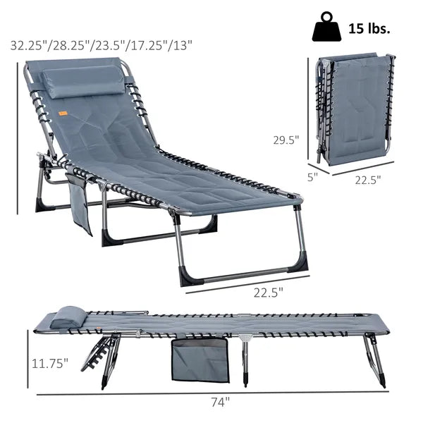 Outsunny Folding Chaise Lounge Chair, Padded Reclining Chair with 5-position Backrest, Pillow and Pocket for Deck, Beach, Lawn and Sunbathing, Grey - product image 3
